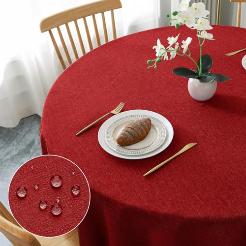 AooHome Tischdecke Rund 120cm, Rot Leinen-Optik Tischdecken Abwaschbar Tischtuch aus Polyester Wasserabweisend mit Lotuseffekt, Dauerhaft Kratzfest für Wohnzimmer, Esszimmer, Balkon, Garten
