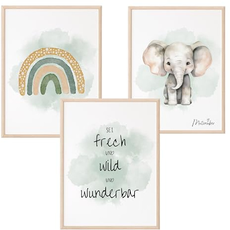 Mutzauber® 3er Set Poster Kinderzimmer A4 | Kinder Wandtattoo | Deko Babyzimmer Jungen Mädchen | Elefant Regenbogen frech wild wunderbar ohne Rahmen (grün, Elefant)