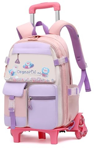 IvyH Trolley ryggsäck med hjul, 40 cm fashionabla barnskolväskor för flickor, avtagbar skolryggsäck 1–4:e klass, ROSA