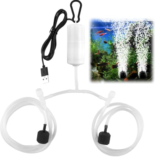 Mini Aquarium Air Pump Two Tube USB Fish Tank Air Pump, High Oxygen Output Fish Tank Bubbler with Air Stone, Silent Pumps - Portable USB Interface for Home Outdoor Use/Fishing/Fish Tanks