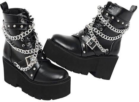 QPAO Women's Fashion Goth Boots,Black Chunky Platform Combat Ankle Booties Zipper Punk Boots Mid Calf Boots for Women