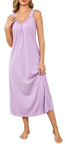 Uniexcosm Camicia da Notte da Donna Senza Maniche Pigiama Sexy Abito da Notte in Pizzo Scollo A V Lunga Estivo Vestaglia Viola L