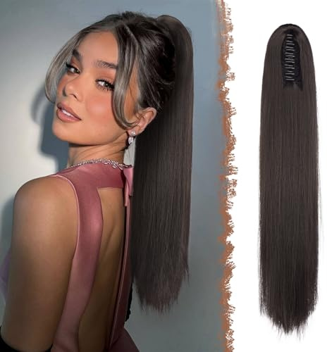 FESHFEN Queue de Cheval Lisse Pince - Postiche Cheveux Naturel Longue Raides Postiches Marron Foncé Synthétique Fausse Claw Clip Ponytail Extensions pour Femmes, 63 cm