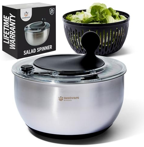 Nestware Kitchen Centrifuga per insalata in acciaio inox, per essiccatoio per lattuga, verdura e frutta, capacità 5 l, base antiscivolo (acciaio inossidabile 304, nero)