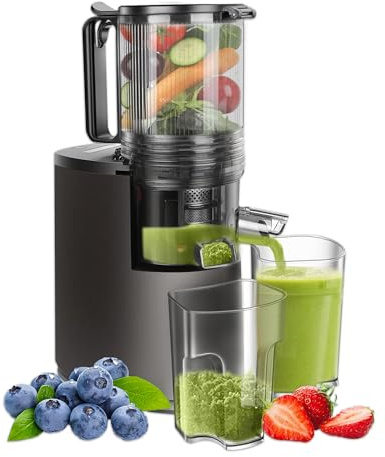 Extracteur de jus lent avec ouverture XL 130 mm pour fruits et légumes entiers, capacité 1,8 L, facile à nettoyer avec 2 récipients, presse à jus électrique – gris