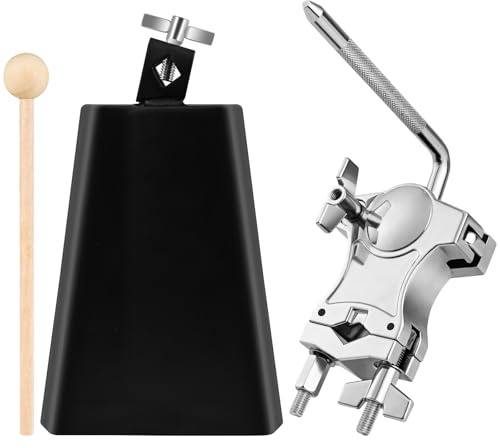 7 Inch Cowbell with L-Rod Clamp Set, Cowbell for Drum Set, Adjustable Mount Bracket, Black Steel Cow Bell for Drum Sets, Percussion Instrument, Sports, Bands, Includes Stick