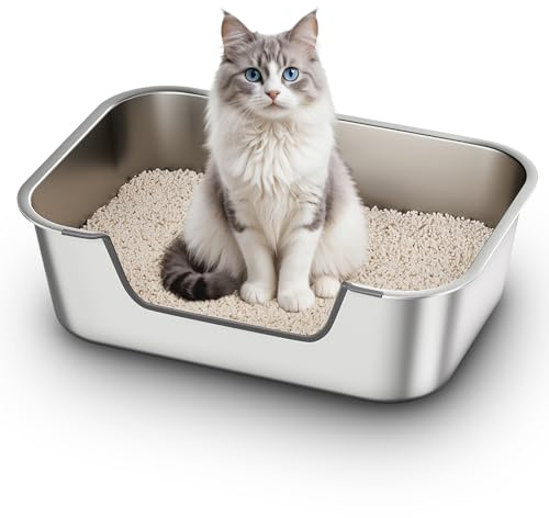 Lettiera Acciaio Inox per Gatti, Lettiera Gatto con Bordi Bassi, Toilette Aperta per Gatti Anziani o Feriti, Lettiere Grande per Gatto XXL, Facile da Pulire, Antiodore e Spaziosa, 50x35x15cm