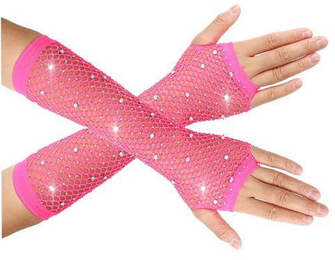 Febbya Rhinestones Fishnet Gloves,Rose Red Fishnet Gloves Long Fingerless Glove for Women Girls Stretchy Fish Net Sleeves Elbow Length Glove for 80s Party Fancy Dress Rockstar Costume Accessories
