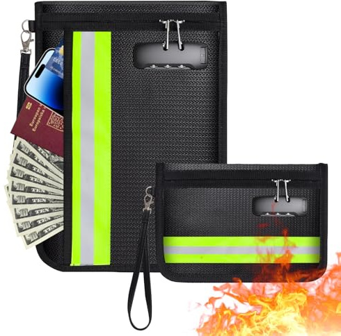 2 stycken brandsäker dokumentväska med lås, brandsäker plånbok med lås, dokumentväska med reflekterande ränder för pass, plånbok, certifikat och värdesaker