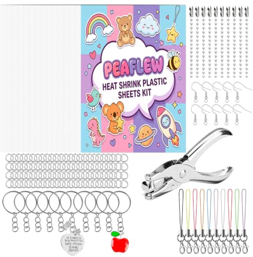 Peaflew 156 PCS Heat Shrinky Plastic Sheets Kit, 15 PCS Shrinky Dink Paper with 141 PCS Keychains Accessories, Shrinky Sheets for Marking Keychains Kids Crafts DIY Hand Made Ornaments