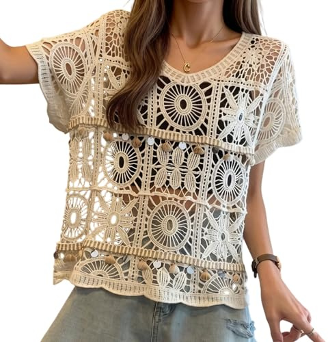APGLSXY Haut en dentelle à manches courtes en crochet ajouré - Coupe ample - Pull tricoté - Cache-maillot de plage - Chemisier à manches courtes - Chemisier en dentelle de coton