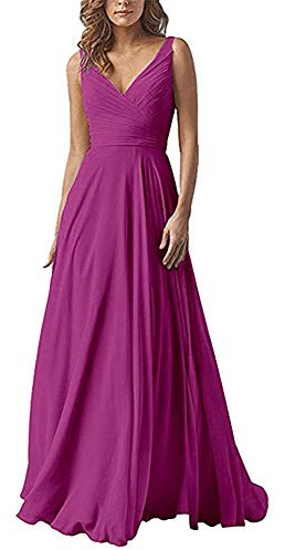 Leader of the Beauty Abito da damigella d'onore lungo in chiffon con scollo a V a doppia linea, Fucsia, 46