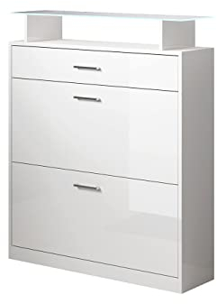 MB Muebles Bonitos, Recibidor Zapatero Paola con Luz LED para Recibidor, Diseño Moderno, Melamina Brillo, Color Blanco, 89x105x24 cm