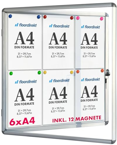 Floordirekt | Tableau d'affichage en aluminuim, vitrine d'affichage avec Serrure à clé | Tableau arrière magnétique - Porte avec Serrure - Cadre en Aluminium | 6 x A4