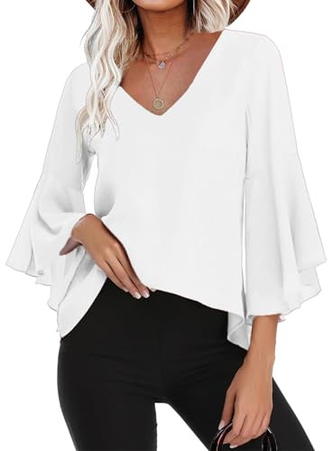Gyabnw Blusa Donna Estiva in Chiffon Estiva Camicia Donna Casual Traspirante 3/4 Manica Volant Scollo a V Blusa B-Bianco,XL