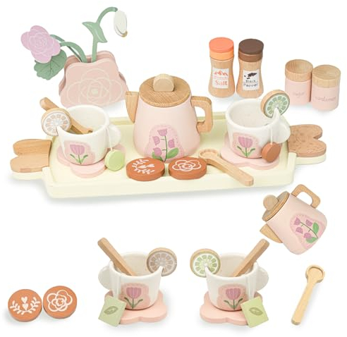 Teeservice Kinder Holz, AolKee Küchenzubehör Kinder Holz, Rollenspiel Spielzeug, Tee Party Set, Rosa, Geschenke für 3 4 5 Jahre alte Kleinkinder
