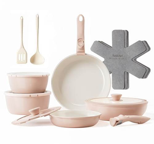 Redchef 16 Delar keramiska kastrull- och stekpannset, icke-stick, PFAS/PFOA/PTFE-fritt, ugns- och diskmaskinsäkert med avtagbart handtag (Rosa)
