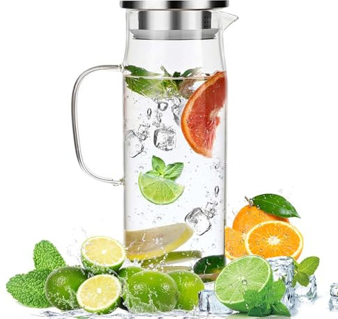 ITECHNIK 1.5L Wasserkaraffe aus Glas,Wasserkrug mit Versiegeltem Deckel,Hitzebeständig Wasserkocher,für Heißes/Kaltes Wasser, Wein,Eistee und Saftgetränke