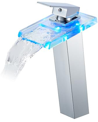 KEOKBON Robinet cascade à LED haut en verre et laiton, 3 changements de couleur, robinet de lavabo avec capteur de température, éclairage de salle de bain, mitigeur monocommande chaud et froid, chromé