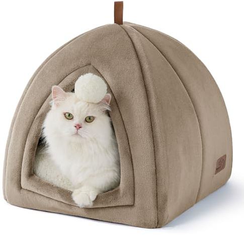 Bedsure Cuccia per Gatti Cammello - Letto Pieghevole per Gatti con Cuscino Lavabile, Tenda per Gattini Adatta ad Animali Domestici Piccoli e Medi, Casa Morbida e Calda per Interni, 40x40x40cm