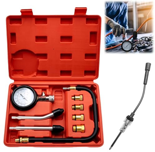 9 Stück Kompressionsprüfgerät mit Zündkerzenprüfgerät, Kompressionsprüfer Tester Kit, Kompressionsmesser mit 4 Adapter, 0-20 bar oder 0-300 psi Meßgerät Drucktester M10 M12 M14 M18 für KFZ LKW Auto
