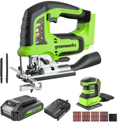 Sierra caladora y lijadora de madera inalámbricas Greenworks de 24 V, motor sin escobillas, incluye batería de 2 Ah y cargador