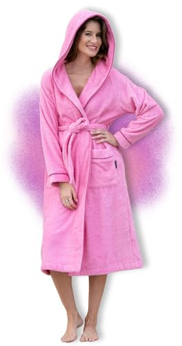 ELEVAVIDA Accappatoio da donna con cappuccio in morbido cotone – extra morbido e confortevole – accappatoio lungo in spugna – certificato Oeko-Tex, XS