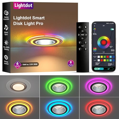 Lightdot 6 Inch Smart Recessed Lighting, 36° Spotlight + RGB Halo Ring, Dual-Zone Control, Full Metal RGBWW Color Changing LED Canless Downlight with Junction Box, Remote&App, 100-277V, 8Pack-ETL