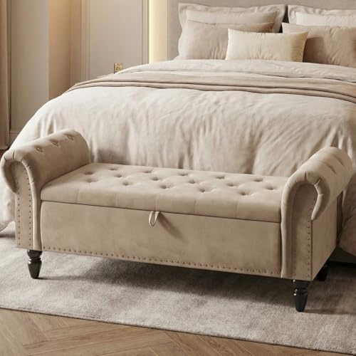 Clevich Ottoman Storage Bench, Velvet End of Bed Storage Box with Lid, Sturdy Wood Legs Footrest, 168KG Load Capacity, Sofa Bench for Bedroom/Living Room, 133x53x46cm