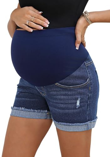 BLENCOT Women's Maternity Jean Shorts Over Belly Maternity Lounge Denim Pants Fold Hem Comfy Pregnancy Clothes with Pockets Dark Blue Large