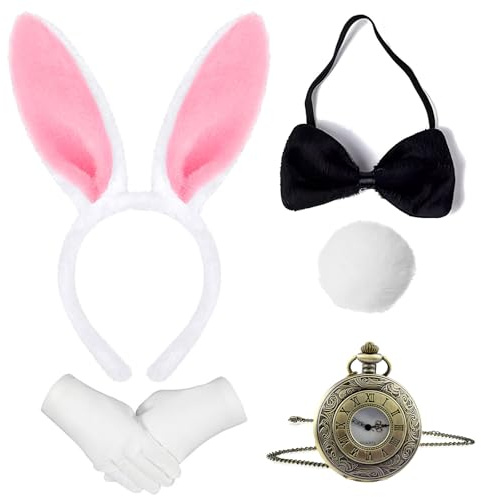 Set di accessori per costume da coniglietto pasquale, 5 pezzi, fascia pelosa con orecchie di coniglio, papillon nero, guanti bianchi, coda di peluche e collana vintage con orologio da taschino