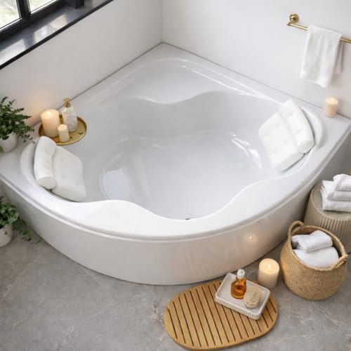 ECOLAM Baignoire d'angle SELMA 140 x 140cm + tablier | 2 coussins Sole | pieds siphon | set complet