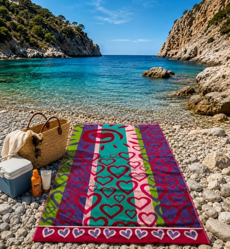 Toalla De Playa Grande Algodón 100% 100 x 180 cmts Precio PROMOCIÓN (Corazones)