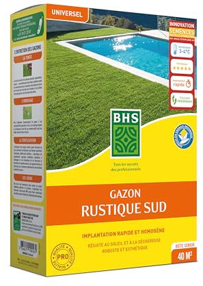 BHS Gazon Rustique Sud - Gazon Plus Résistant et Mieux Protégé - 1kg - 40 m² - Résistance Aux Conditions Sèches Grâce A La Fétuque Elevée - Rapide et Homogène GRS1