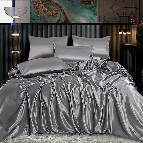 ROOEE Set completo di biancheria da letto in raso di seta, 6 pezzi, lenzuolo con angoli, copripiumino, 4 federe. Colore - Argento Dimensioni - Matrimoniale