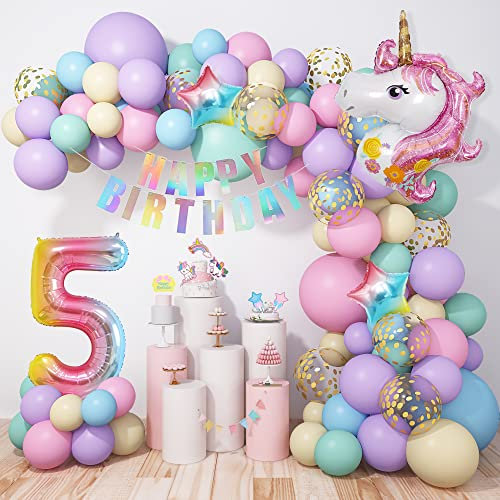 5 Einhorn Ballons Geburtstagsdekoration Mädchen 120 Stück Pastell Macaron Luftballon Girlande Arch Kit, Rosa Lila Confetti Latexballons mit Folienballon Zahl 5 Kuchen Topper Happy Birthday banner