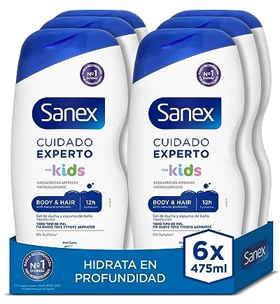 Sanex Cuidado Experto Kids Gel de Ducha, Pack 6 Uds x 475ml, Gel Para Niños, Hipoalergénico, 12H de Hidratación, Dermatológicamente Testado, Aprobado por Pediatras