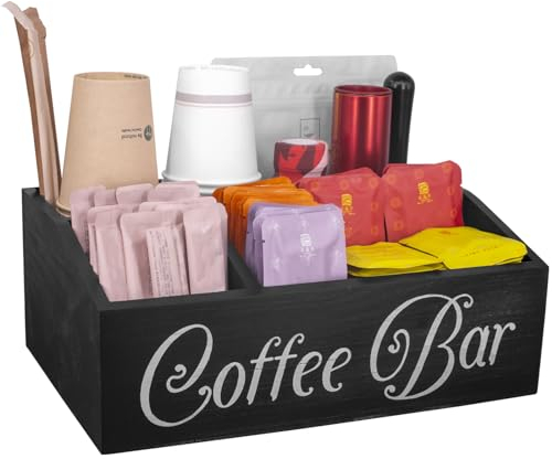Guolich Organizador de Café y Té-Caja de Madera para Accesorios de Cafetera-Caja Infusiones -Caja de Te -Bandeja con de madera 4 Compartimentos para Infusiones Azucarillos Tazas Cápsulas (Negro)