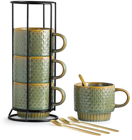 LYEOBOH Stackable Coffee Mugs Set of 4 with Rack and Spoons - 13 Oz Ceramic Coffee Cup Set with Stand, Blue and Green