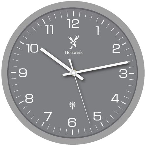 Holzwerk FRIEDBERG Funk Natur Holz Funkwanduhr Wanduhr Holz-Uhr Vintage Funkuhr lautloses Uhrwerk ohne Tickgeräusche Buche Braun Grau Weiß lautlos aus handgefertigtem Massivholz 30 cm