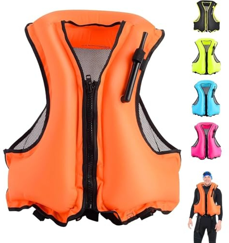 Gilet de natation pour adultes, gilet de plongée avec tuba, veste gonflable portable légère pour la natation, le kayak, le bateau, les sports nautiques de sécurité (orange)