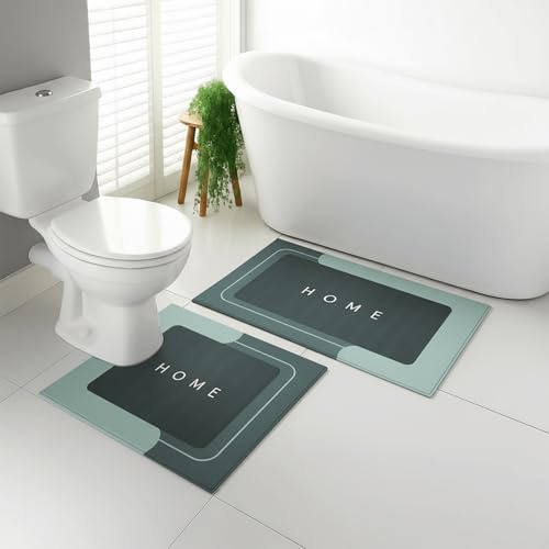 Rugs Inn Diatom Rubber Mats Set - Quick Water Absorbent, Non-slip, Anti-Mould for Bathroom, Shower and Toilet Floor (Green)