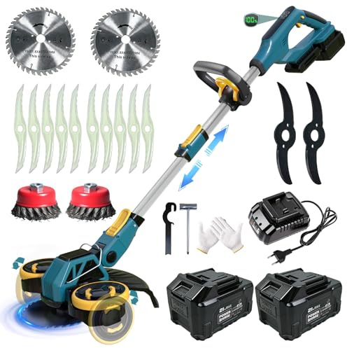 Decespugliatore a Batteria, Tagliabordi a Batteria con 2 Batterie e 4 Tipi lame, Decespugliatore Elettrico con Ruote e Spazzola per Erbacce, Tagliaerba Elettrico Brushless, Telescopica Regolabile, Blu