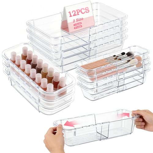 autumndeer 12 Pack Drawer Organiser Set, Adjustable Makeup Drawer Organizer, 2-Size Stackable Clear Plastic Storage Organizer Bins, Drawer Dividers Set for Vanity, Bathroom, Desk, Office, Bedroom