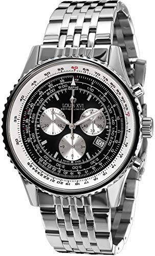 LOUIS XVI Artagnan 580 - Ø 47,5 mm - Herren Uhr - Wasserdicht - Uhr mit Saphirglas - Armband Silber - Zifferblatt Schwarz - Schweizer Quarzwerk