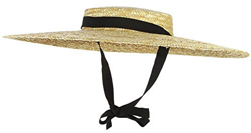 Jelord Women's Vintage Straw Hat Wide Flat Brim Straw Hat Derby Beach Hat Sun Hat with Chin Strap Brim: 12cm Beige