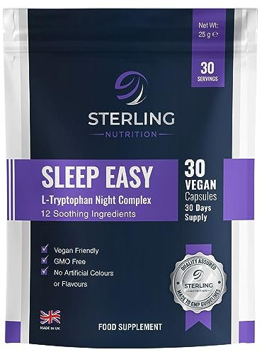 Sleep Easy - Vegan Sleeping Capsules for Adults, Pack of 30 Supplements | L-Tryptophan & Magnesium Night Complex | Natural Aid for Restful Nights | Non-Habit Forming | STERLING NUTRITION