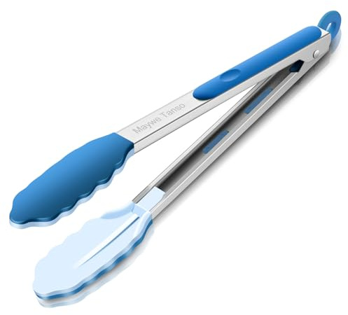 600℉ Heat Resistant Kitchen Tongs for Cooking with Silicone Tips,12-Inch Stainless Steel Locking Cooking Tongs Food Tongs for BBQ,Salad and Serving Food,Heavy Duty,Non-Stick (12-Classic Blue)