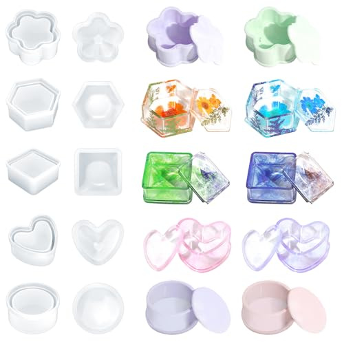 CRITIVE-S 5PCS Epoxy Resin Moulds Silicone, Jewellery Box Silicone Moulds, Resin Casting Molds Including Hexagon Round Square Heart Flower for DIY Storage Box Candle Craft Home Ornament Decoration