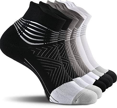 IRAMY Kompressionsstrümpfe Damen Herren Knöchelstütze Laufsocken Kompressionssocken Coolmax Wicklung Kompressionss Sneaker Sportsocken Gepolsterte Plantar Fasciitis Socken Schwarz Weiß Grau Medium